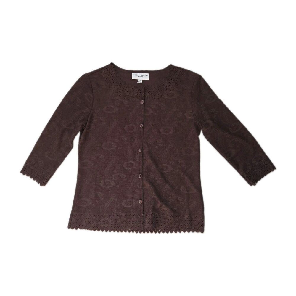 Rebecca Malone Petite Brown Paisley Cardigan Sweater Eyelet Trim Button Front PS